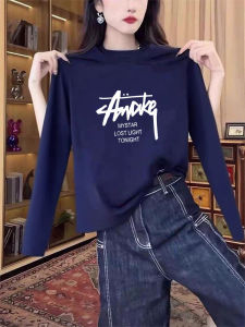 Pure Cotton Long Sleeve T-Shirt Womens Royal Blue Versatile Fashionable Design Base Shirt Korean Style Commute Wind Autumn New Arrival