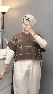 Nuna Outfit  - Outfit Kuliah One Set Terbaru (Vest Jenna + Celana Knit + Inner Manset + Hijab Bella) | Outfit Hangout One Set Kekinian - SET AE330
