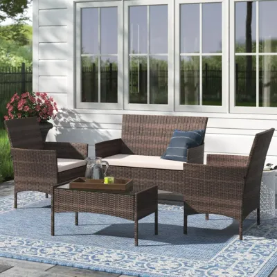 KIMDELIN 4 Pieces Patio Outdoor Rattan Wicker Chair Conversation Garden Backyard Balcony Porch Poolside Furniture Sets with Soft Cushion and Glass Table