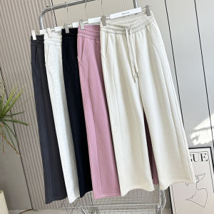 High Waist Drawstring Fleece Lined Casual Sports Wide Leg Pants Autumn Winter Loose Slim Straight Cut Sweatpants for Women