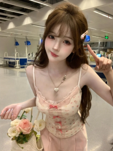 Áo Vest Dây Ngắn Ren Ngọt Ngào Cho Nữ Mùa Hè Phong Cách Mới Đa Năng Có Đệm Ngực Thắt Nơ Thắt Nơ Cotton PU Co Giãn