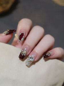 New Year Flash Diamond in the Debris Cherry Crooked Diamond Wine Red Finished Nail Beauty Fake Nails Handmade Detachable Wear Nail