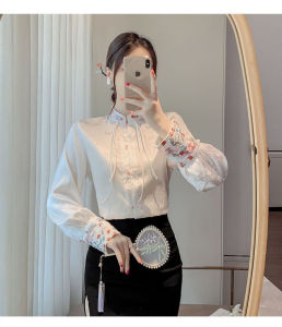 New Chinese Style Embroidered Button Long Sleeve Stand Collar Shirt Womens Spring 2026 Floral Pattern Vintage Versatile Top