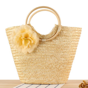 Handwoven Sea Grass Handle Basket Weave Bag Fashionable Casual Large Size Ladies Handbag Bucket Shape Soft Handle Floral Decor