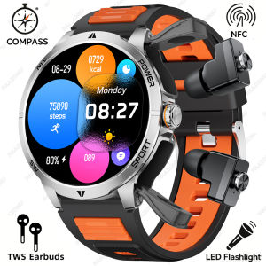 2026 New Man Smart Watch TWS Headset Two In One Bluetooth Dual Earbuds Call Health Monitor Sport Tracker COMPASS NFC Smartwatch
