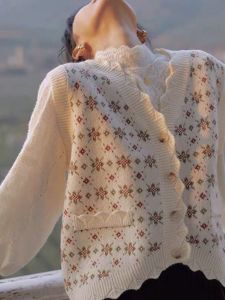 เสื้อกั๊กถักคอวีสไตล์ฝรั่งเศสย้อนยุคสำหรับผู้หญิง เสื้อคลุมคาร์ดิแกนแขนกุดแบบสวมหัว ปกติ ฤดูใบไม้ร่วง/ฤดูหนาว เสื้อคลุมคาร์ดิแกนแบบสวมหัว