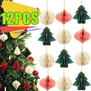 12PCS Christmas Paper Honeycomb Balls Ornaments Paper Flower Lantern Xtmas Tree Hanging Pendant 2025 New Year Party Home Decorations