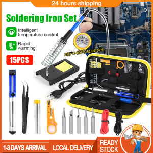 【Ready Stock】15PCS Soldering Iron Set 60W Adjustable Temperature Welding Tool Electric Portable Repair Soldering Iron Set 电烙铁套装