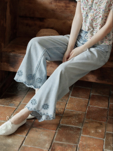 seemon | Quần Jeans Thẳng Hàn Quốc Mùa Hè Phong Cách Dân Dã Cao Waist Rộng Chân Xanh Thêu Hoa Văn Đục Lỗ