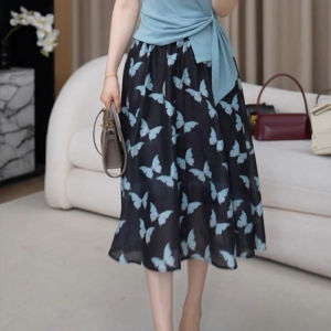 Shalldoer | Korean Style Butterfly Print A-Line Midi Skirt Womens Summer New High Waist Slimming Skirts Casual Style Solid Color Short Sleeve