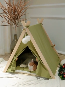 Pet Tent Bed Foldable Portable Teepee House for Cats & Small Dogs – Washable Cushion Breathable Indoor Outdoor Shelter