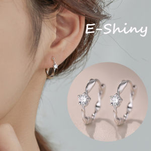 ต่างหูห่วงกลมเพทายสีเงินทรงกลม1คู่สำหรับป้องกันการแพ้ของขวัญห่วงหูสำหรับผู้หญิง