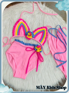 Set bơi cầu vòng kèm nơ hoa 3 chi tiết cho bé|| Đồ bơi bé gái