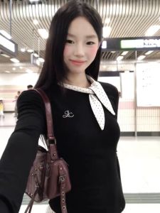 Korean Style Long Sleeve Polka Dot Splice Slim Fit Womens T-shirt Autumn Wear Inner High Contrast Sense of Luxury Top