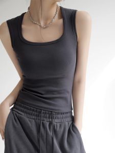 Gray Tank Top Vest Wide Shoulder Straps Bust-Concealing Square Collar
