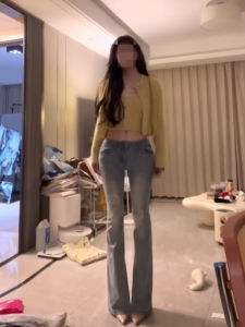 American Retro High Waist Slimming Skinny Jeans Womens Autumn High Waist Bell Bottoms Distressed Denim Cotton Stretch Blue