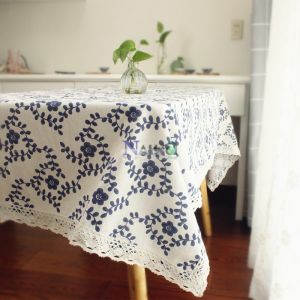 Blue and White Porcelain Chinese Pastoral Style Cotton Linen Tablecloth Classical Chinese Style Lace Fresh Coffee Table Cloth Rectangular Cover Cloth