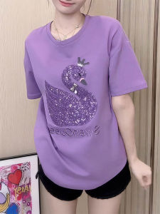 Elegant Swan Sequin Purple Embroidery Short Sleeve Loose Fit Womens Top Half Sleeve Summer New Style Casual round Neck Shirt