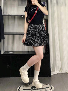 Black Floral Print Mini Skirt Womens plus Size Summer Thin Cake Style A-Line Skirts Meat Covering Slimming Pear Body Shape