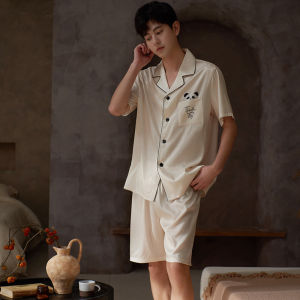 MiiOW | Mens Ice Silk Sleepwear Short Sleeve Shorts Home Clothes Set 2025 New Summer Lightweight Breathable Comfortable Polyester Blend
