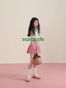 LOVESASAKIDS | Snowy Effect Cotton Denim Basic Crisscross Pleated Skirt