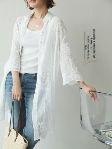 Exquisite Embroidery Design Sun Protection Cotton 3/4 Sleeve Shirt