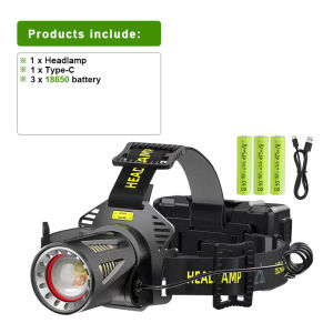 Powerful LED Headlamp Motion Sensor Headlight 3*18650 Type-C Rechargeable Head Flashlights High Power HeadLamp Fishing Headlight