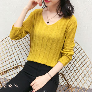 เสื้อถักคอวีแขนยาวบางสำหรับผู้หญิง ทรงหลวม สไตล์หวานๆ สีพื้น เสื้อชั้นในปรับอากาศ เส้นใยโพลีเอสเตอร์ ทรงตรง