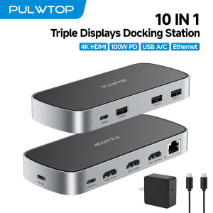 PULWTOP USB C Docking Station with Dual Monitor 3 HDMI EthernetUSB C/A 10Gbps PD For MacBook Windows (60W Adapter Included)