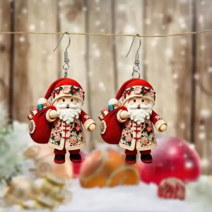 Creative Santa Claus 2D Flat Pendant Earrings Women Acrylic Cute Cartoon Eardrop Female Friends Festival Gift Ear Ornaments
