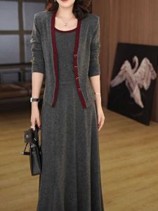Spring Autumn Grey Fashion Womens Dress Casual Long Sleeve A-Line Skirt Two-Piece Set Stylish Early Autumn Outerwear