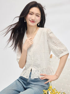 Pure Cotton Embroidered V-neck Bubble Sleeve Short Shirt Womens Design Sensation Summer Fashion New Arrival Bubble Sleeve Shirt