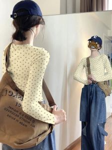 Áo Thun Dài Tay Họa Tiết Hoa Ngọt Ngào Cho Nữ Mùa Xuân Thu Ôm Vừa Vặn Thon Gọn Cạp Cao Áo Ngắn Bên Trong Áo Lót