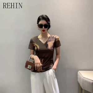 REHIN Summer Fashion Mesh Printed Floral Short Sleeve T-shirt V-neck Slim Fit Trendy Tops