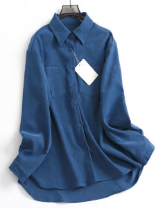 เสื้อเชิ้ตผู้หญิงทรงหลวมคอโปโลแขนยาวทรงหลวมสไตล์ลำลองฤดูใบไม้ผลิและฤดูใบไม้ร่วงสีพื้นใหม่