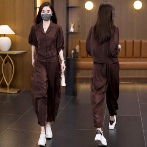 plus Size Summer Fashion Set Womens Clothing Korean Style Loose Fit Embroidered High Waist Nine Pants Polyester Fiber Short Sleeve