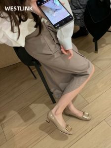 Gray Low Cut Square Buckle Thick Heel Shoes for Women