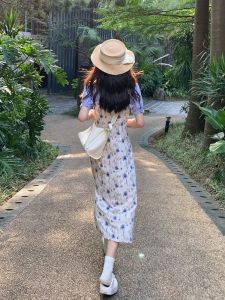 French Floral Dress Womens Spring/Summer 2022 Mid Length Long Length Sweet First Date Temperament Waist-Controlled Slimming Halter Skirt