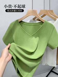 Slim Fit V-Neck Short Sleeve T-Shirt Womens Cotton Summer Fashion Top Green Color Korean Style Commute Pure Color Patchwork