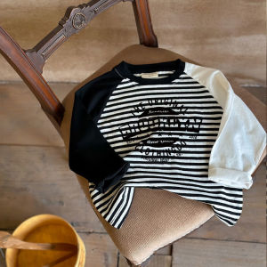 Cartoon Bear Letter Print Long Sleeve Pure Cotton T-Shirt Boys Girls Fashionable Striped Base Shirt Trendy Cool Loose Fit Spring Autumn