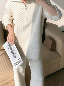 Spring Autumn Womens Knit Set Lapel Half-zipper Pullover Sweater High Waist Wide Leg Pants Women Two Piece Sets Womens Outifits