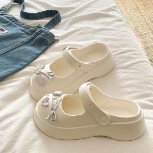 รองเท้าแตะ EVA ทรง Mary Janes สำหรับผู้หญิง ส้นหนา รองเท้าแตะแบบสวมส้นแบน รองเท้าแตะแบบสวมหัว รองเท้าแตะชายหาด ทรงหัวมน สไตล์ลำลอง