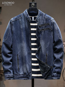 LIANSENNIAO | Mandarin Collar Denim Motorcycle Jacket Long Sleeve