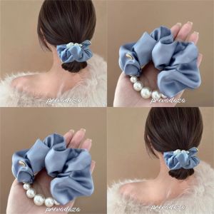 Elegant Low Ponytail Satin Hair Ties Pearl Edged Cream Blue Fashionable Premium Feeling Hair Bands for Gymnastics And Cheerleading