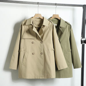 Womens Double-Breasted Cotton Jacket Elastic Waist Spring Autumn Loose Fit Korean Style Mid-Length Windbreaker Coat