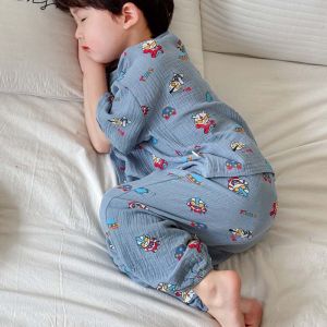 Childrens Summer Thin Cotton Pajamas Short Sleeve Long Pants Home Clothes Set Baby Air Conditioning Suit Soft Korean Style