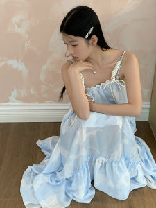 Summer French Tea Dress Blue Long Skirt