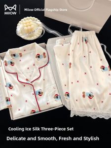 MiiOW | Cat Woman Ice Silk Sleepwear Short Sleeve Thin Home Clothes Three Piece Set Cartoon Outdoor Wearable Summer Cool Breathable Polyester