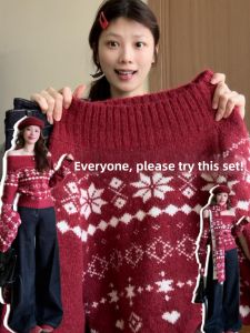 SENWA | Áo Sweater Knit Trễ Vai Đỏ Độc Đáo