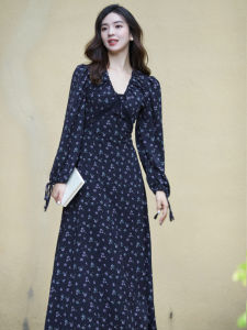 French Style Spring Autumn Floral Print Long Sleeve Womens Dress Slimming Waist V-Neck Midi Skirt A-Line Gown Polyester Fabric